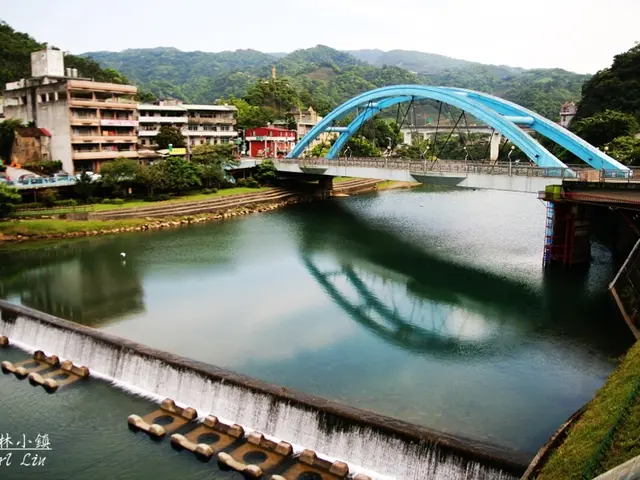 In this image we can see a bridge over the river, buildings, trees, ground, hills, fences and sky.
